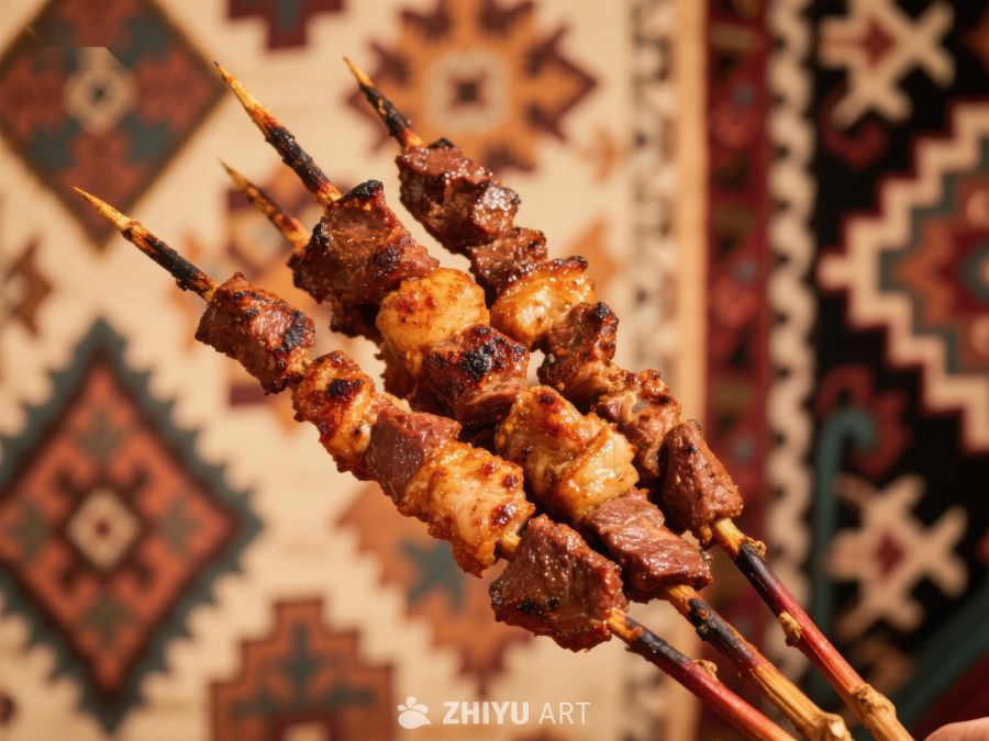 烤肉串特写，背景为民族图案地毯