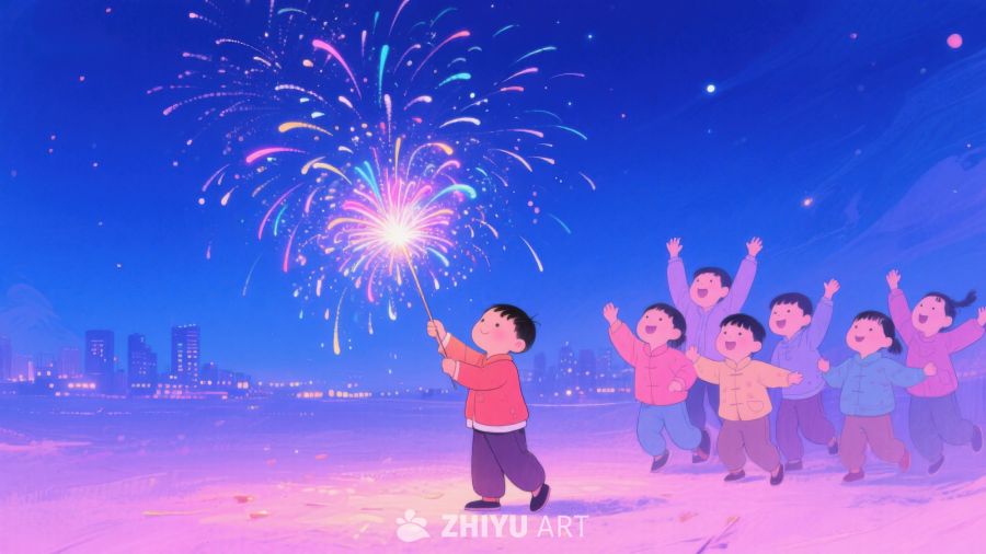 孩子们在夜晚放烟花 24