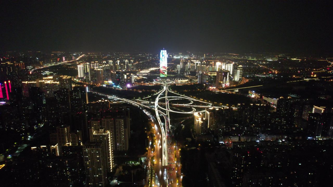河南郑州城市夜景灯光航拍