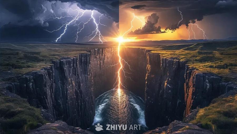 画面呈现一处被巨大鸿沟分割的壮丽景观。一道道雷鸣般