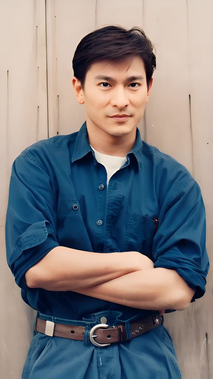 一个男人穿着蓝色衬衫和蓝色裤子，双手交叉抱在胸前，