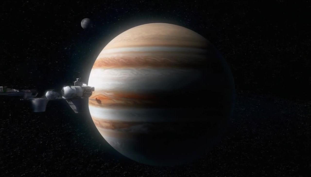 木星大气层中含有丰富的资源。一艘宇宙飞船停靠在木星