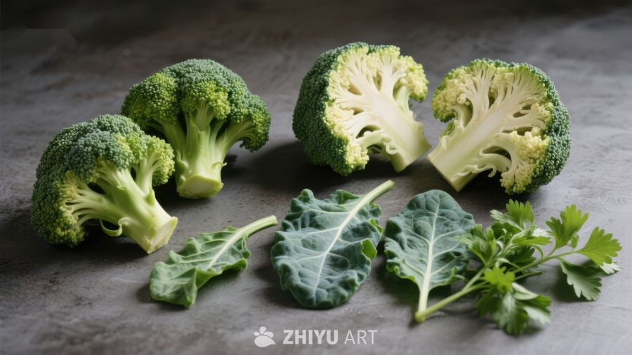 新鲜西兰花与绿叶蔬菜展示