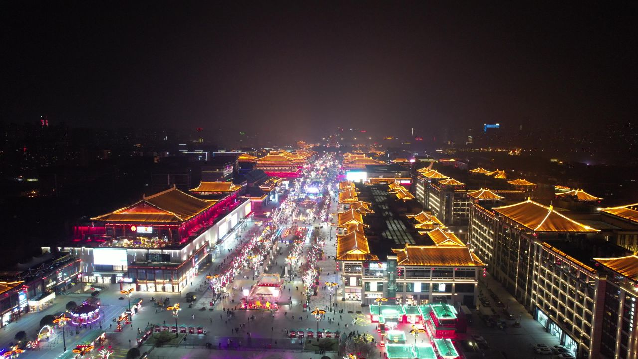 西安大唐不夜城夜景灯光人流航拍