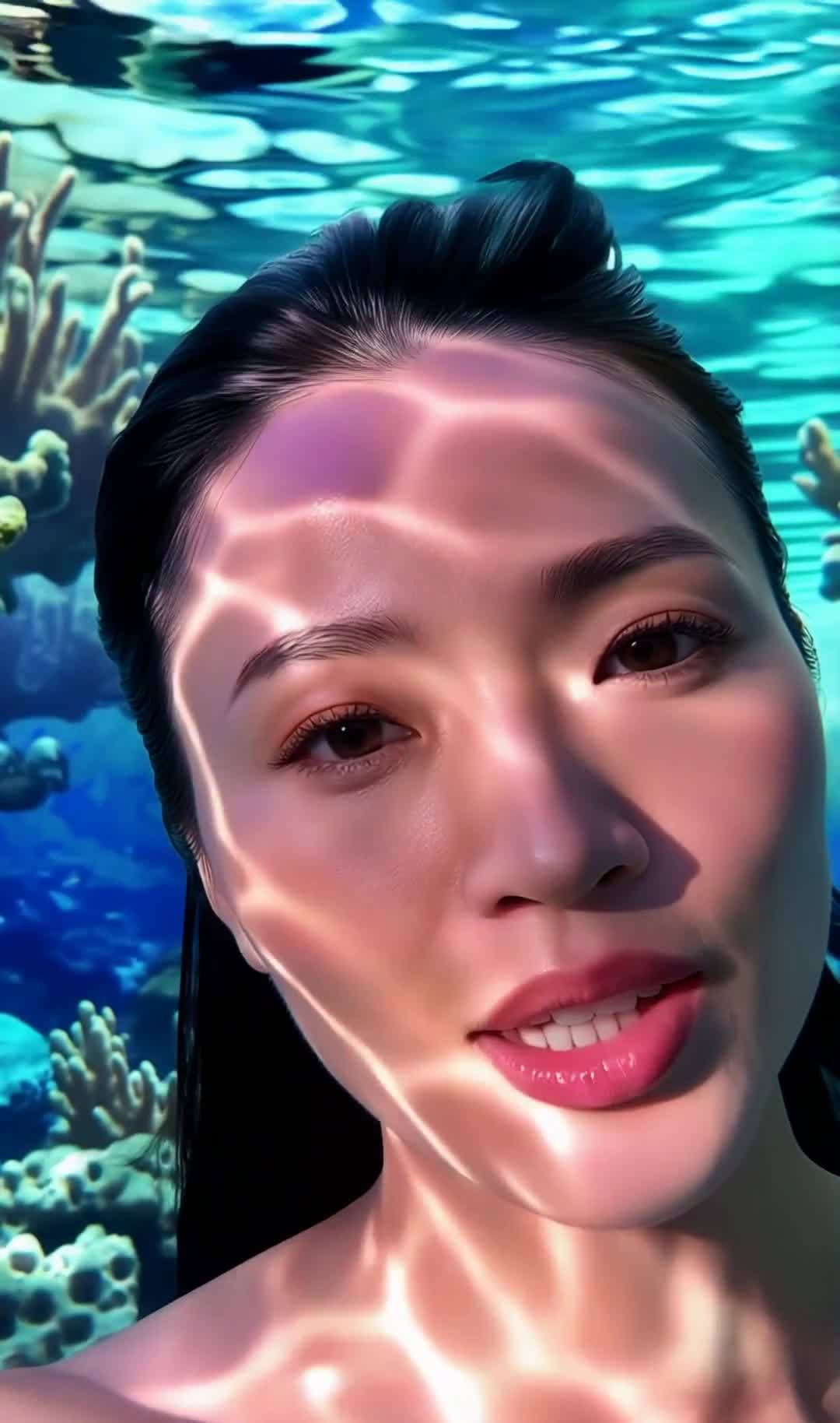 水下亚洲女性：珊瑚礁光影中说话