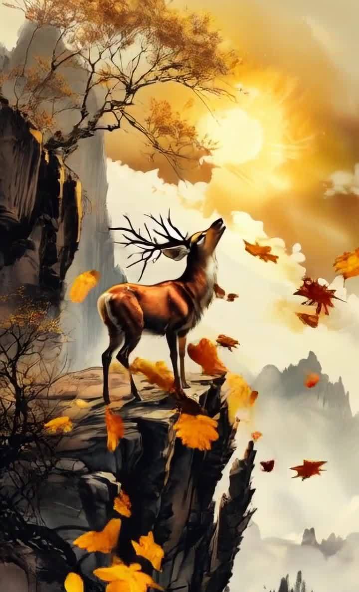 悬崖上的鹿仰望太阳，山水之间静谧景象。