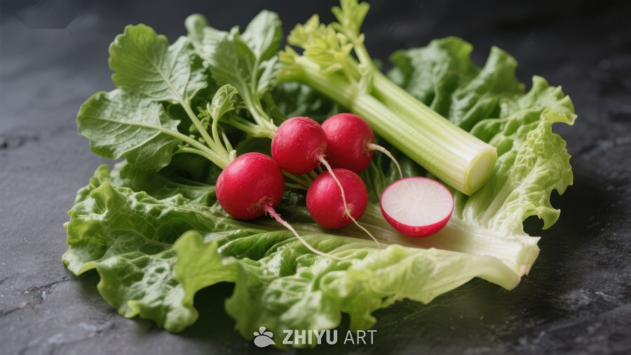 新鲜蔬菜组合：萝卜、生菜与芹菜