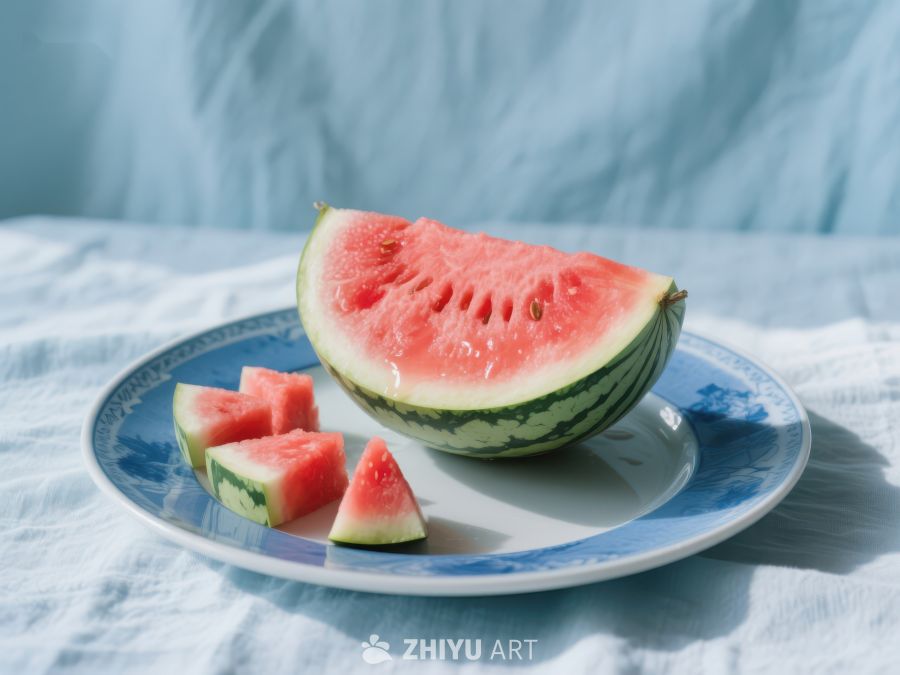 切开的西瓜放在蓝色盘子上 395