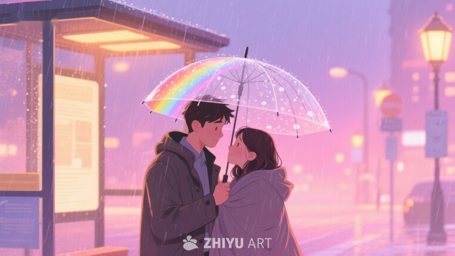 雨中彩虹伞下的温馨时刻 628