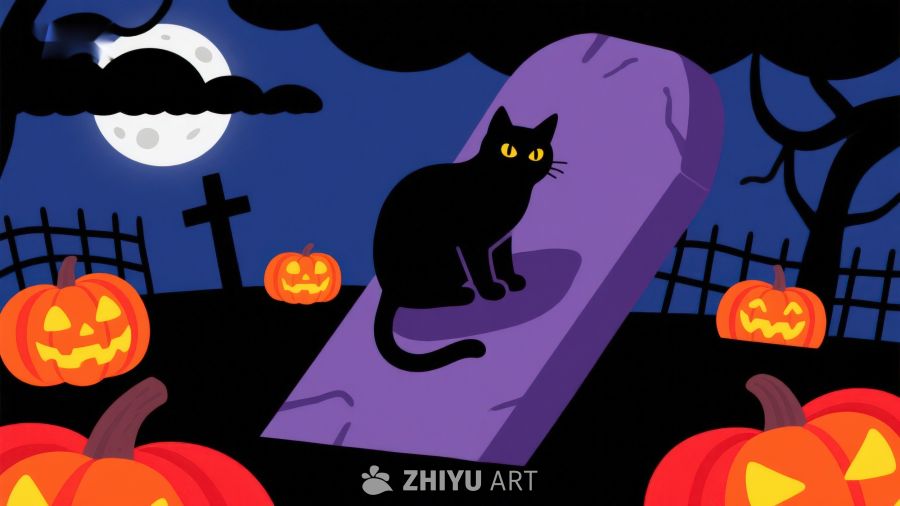 万圣夜墓碑上的黑猫