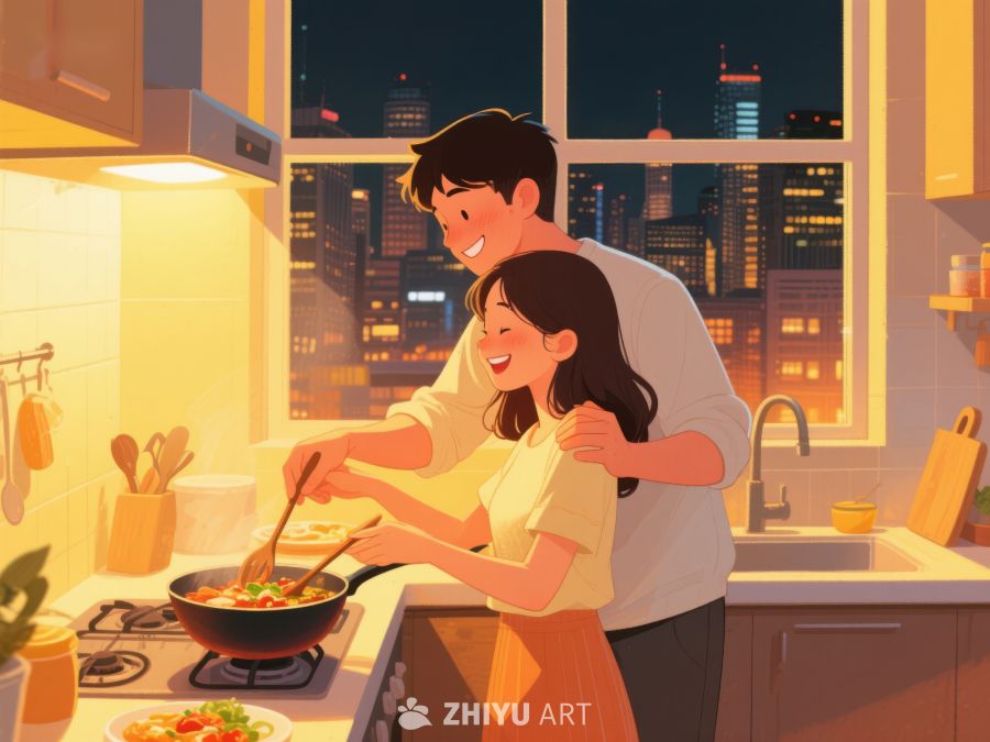 温馨厨房夜景，情侣共煮美食 736