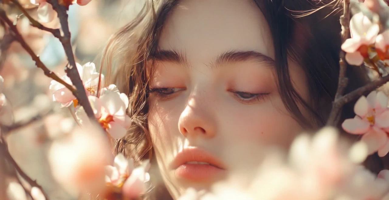 雀斑绿眼女子面部特写与盛开粉花