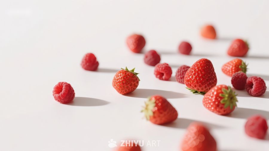 新鲜草莓与覆盆子散落白背景