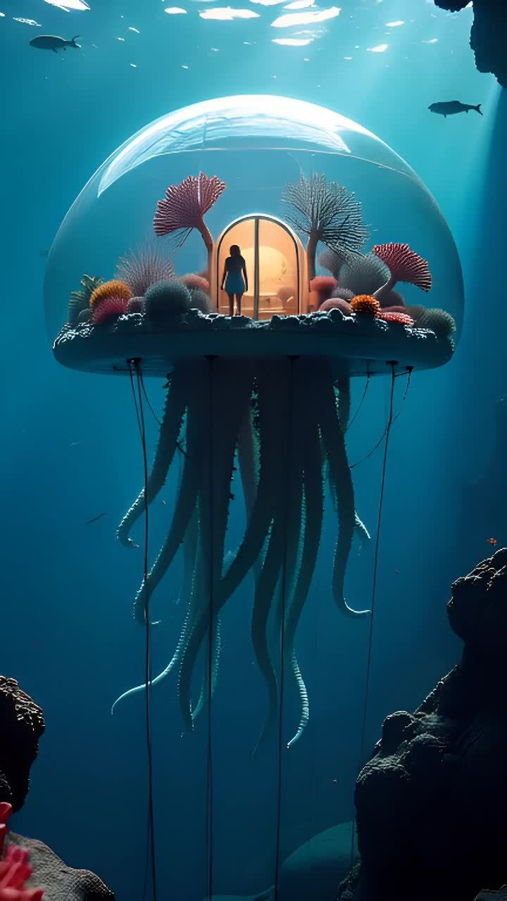 一个水母形状的漂浮玻璃房屋，带有发光的触须，漂浮在