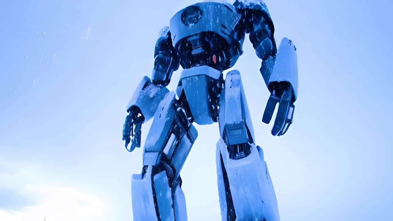 一个高大的机器人站在白雪皑皑的荒凉环境中。雪花轻轻
