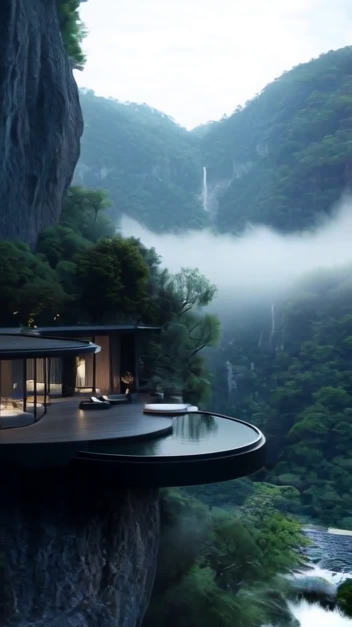 悬崖边现代建筑，圆弧露台与瀑布山景交融