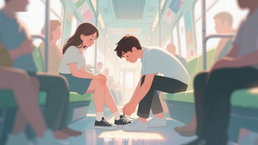 地铁上男孩为女孩系鞋带 106