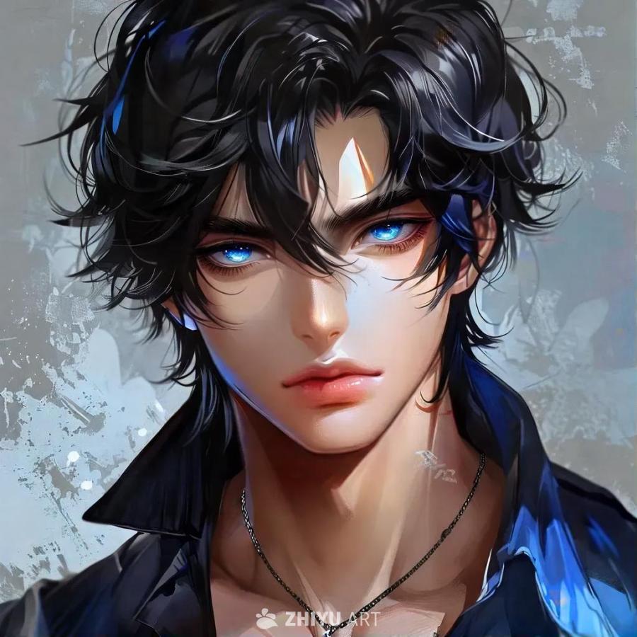 一个黑发蓝眼睛的动漫风格男子，他穿着一件黑色衬衫，