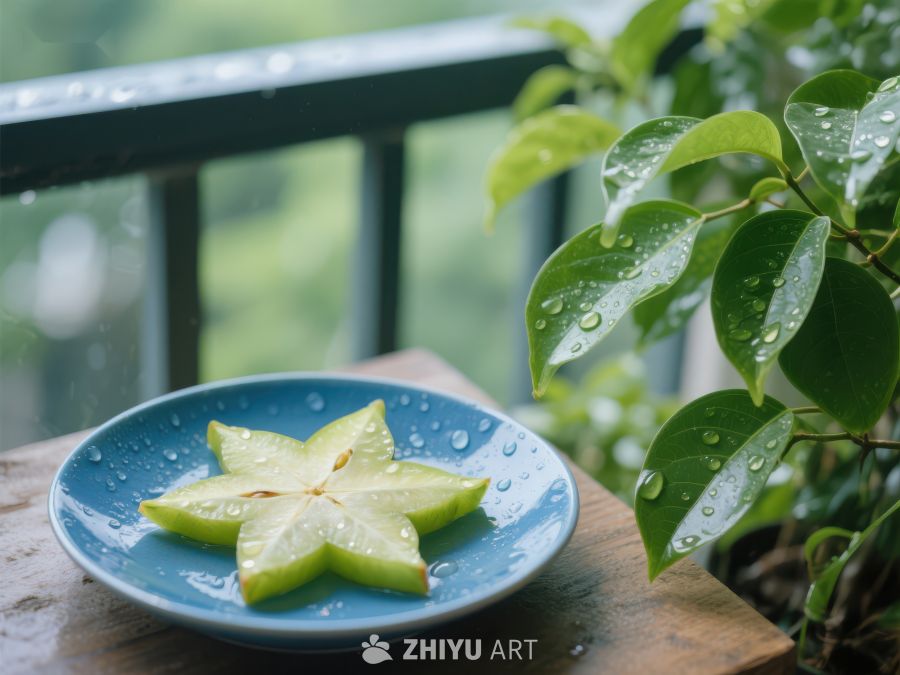 雨中绿叶旁的青柠星形切片 771