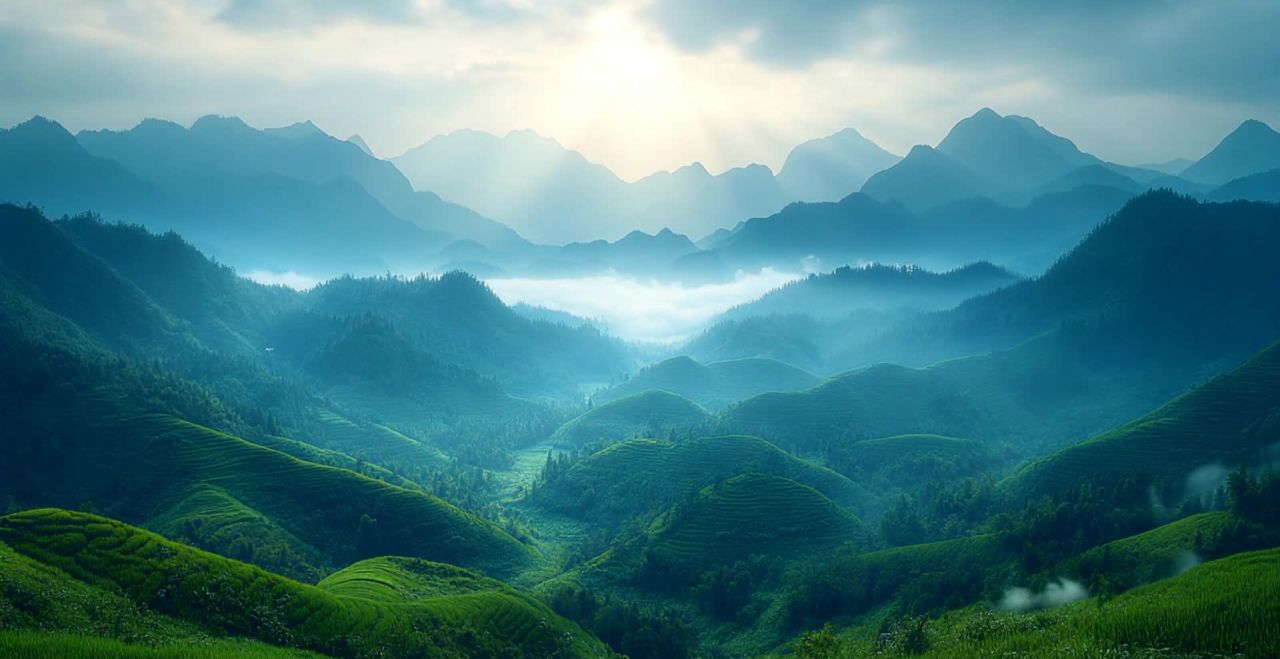 群山绵延，云雾缭绕。前景为翠绿的山丘，山坡上覆盖着