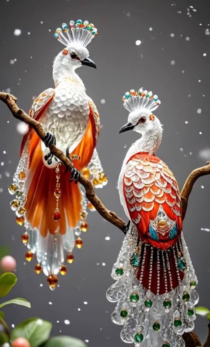 两只华丽装饰的鸟儿栖息枝头，雪花纷飞。