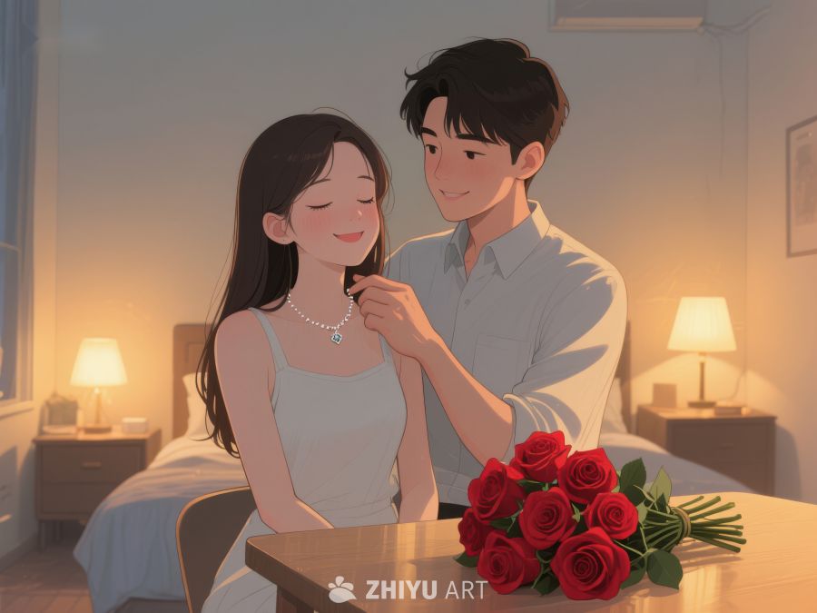 温馨室内，男子为女子佩戴项链 746