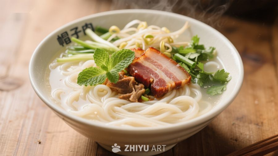 热腾腾的面条配豆芽和香菜