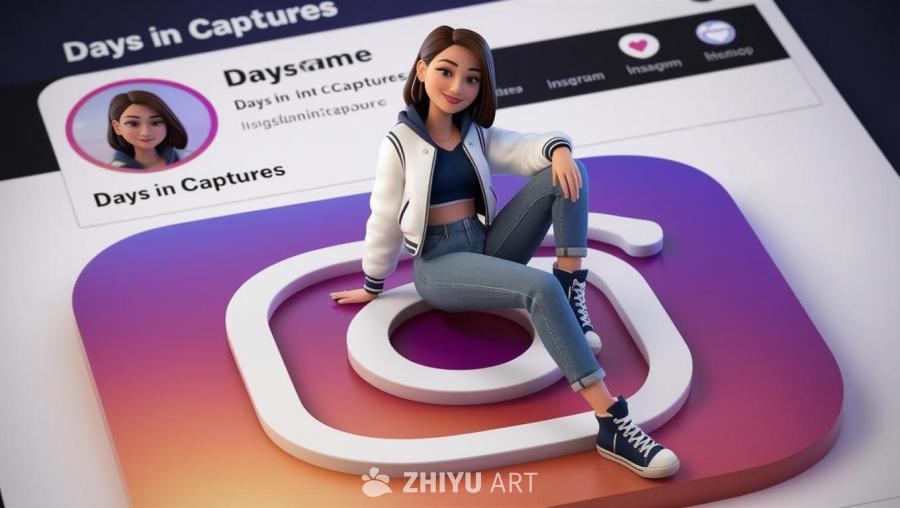 一个卡通人物形象的年轻女性坐在一个 Instagr