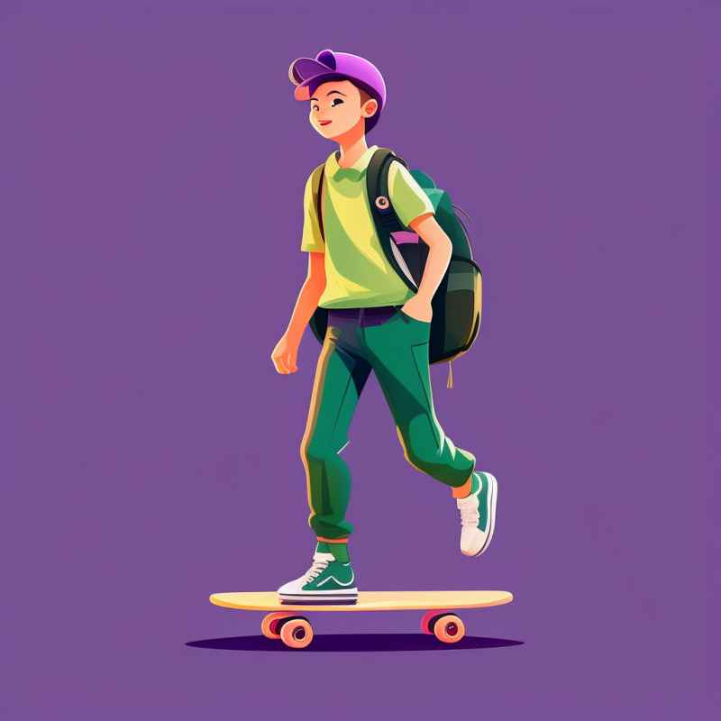 滑板上的男孩平面以紫绿为风格 1