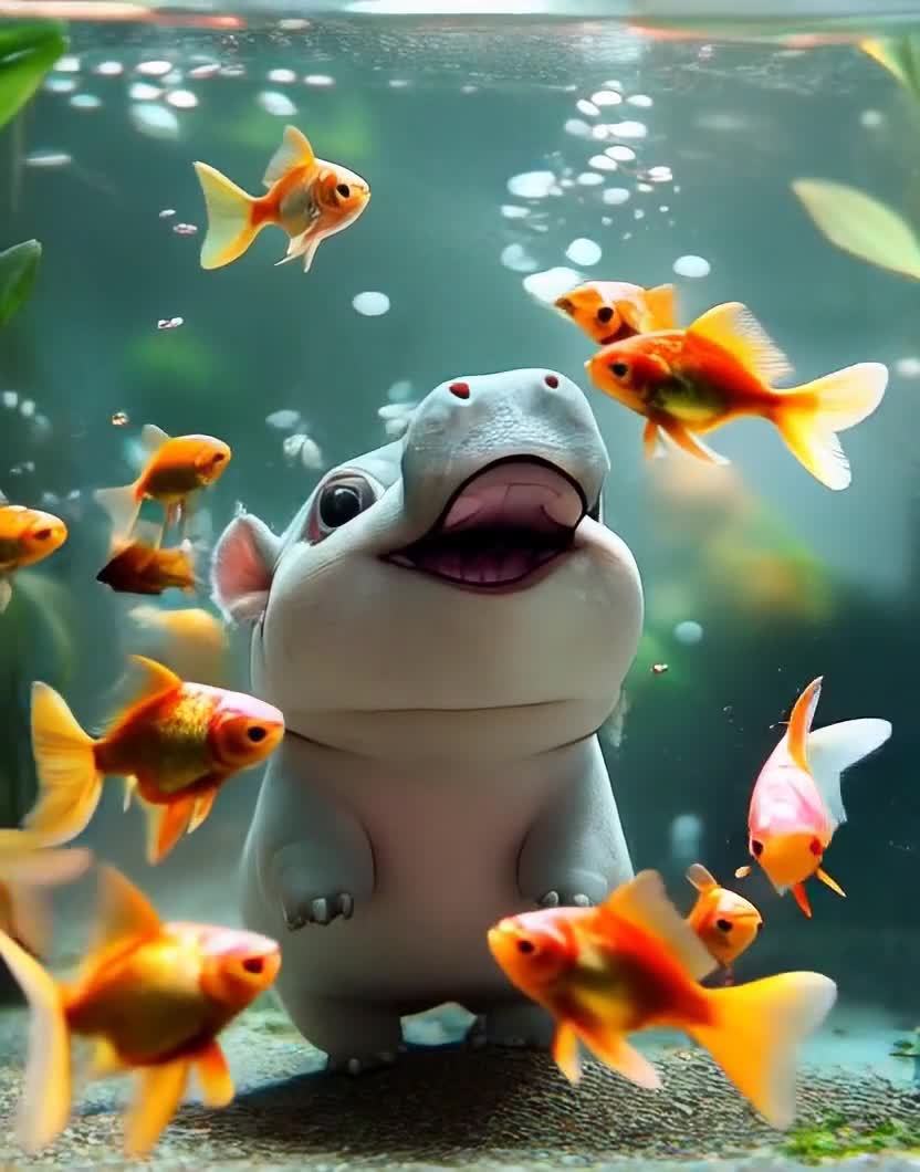 友好的卡通河马与金鱼在水族箱内嬉戏