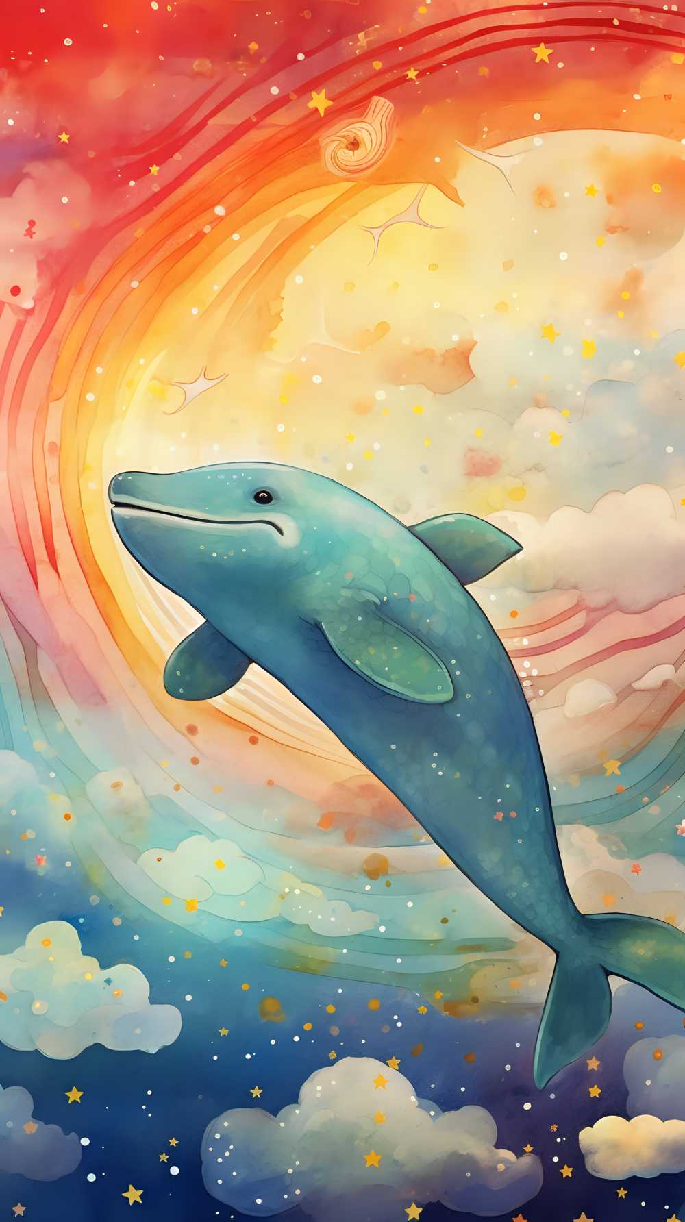 蓝鲸与云和白星，工笔画风格