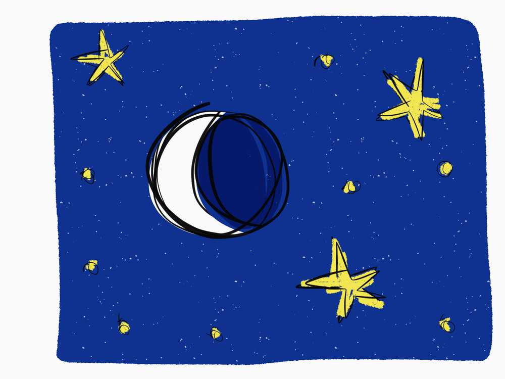 月亮星星夜繁星点点半月黄色蓝色白晚上夜间太阴背景素描新月