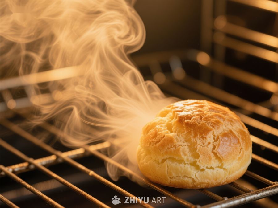 烤箱中的金黄面包散发热气