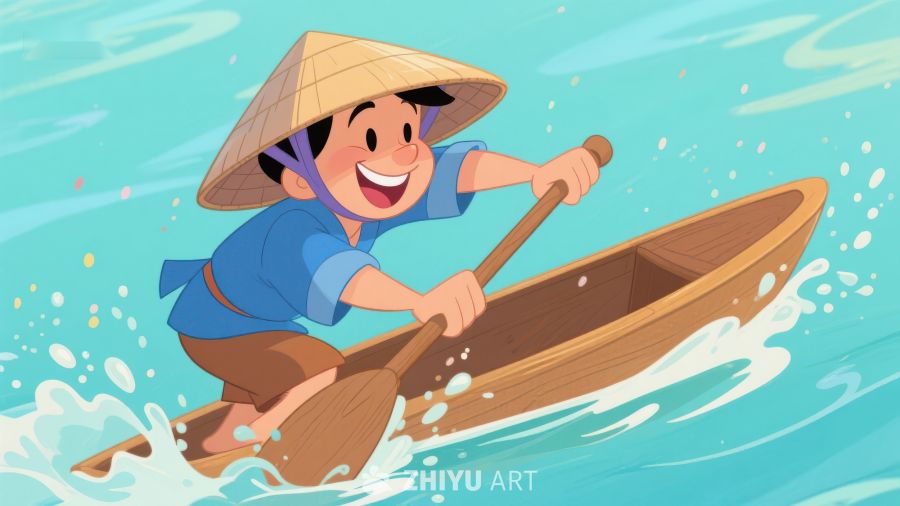 划船男子，戴着斗笠，面带微笑 181