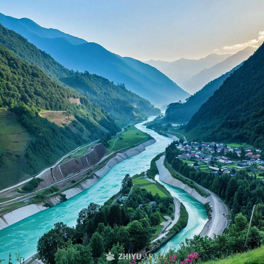 一条宽阔的河流流经山谷，周围环绕着郁郁葱葱的绿色山