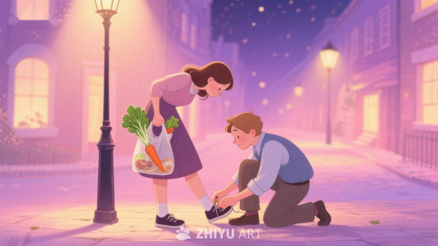 夜色中，男子为女子系鞋带 569