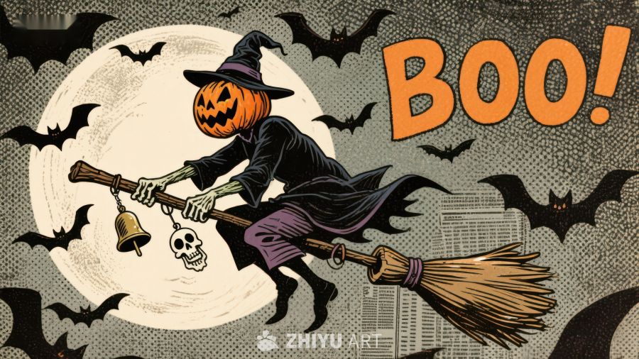万圣节女巫骑扫帚夜空飞翔