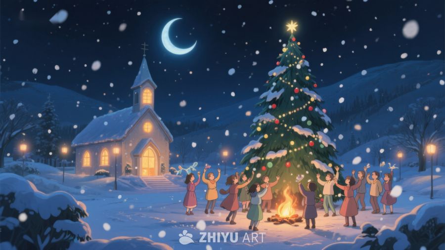 冬夜教堂前的圣诞树与欢聚人群 39