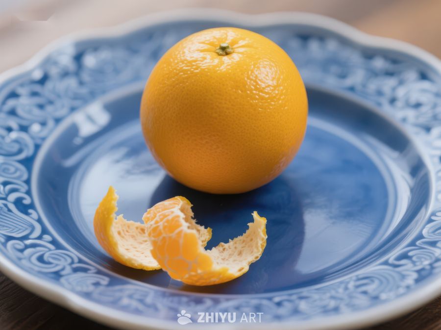 橙子与果皮置于蓝色花纹盘中 51
