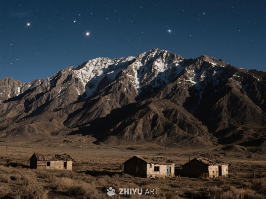 夜幕下的雪山与荒废小屋 513