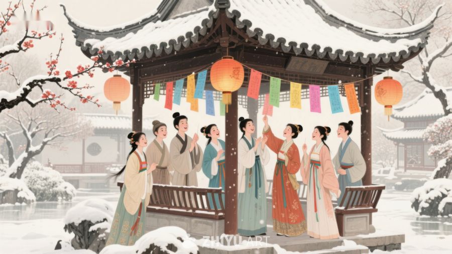 雪中古亭欢聚，众人共赏冬景 1106