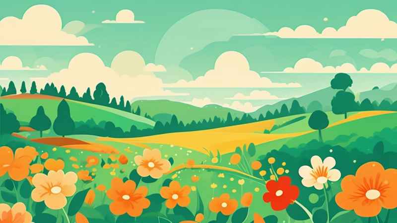 一幅乡村鲜花插画形式柔和圆润背景明亮 15