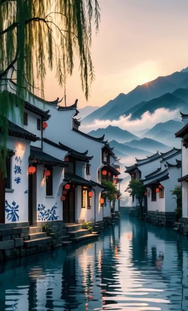 水乡古镇夕阳美景，河畔白墙黛瓦红灯笼。