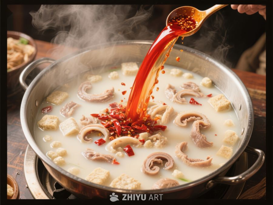 热辣火锅倒入锅中，蒸汽腾腾 477