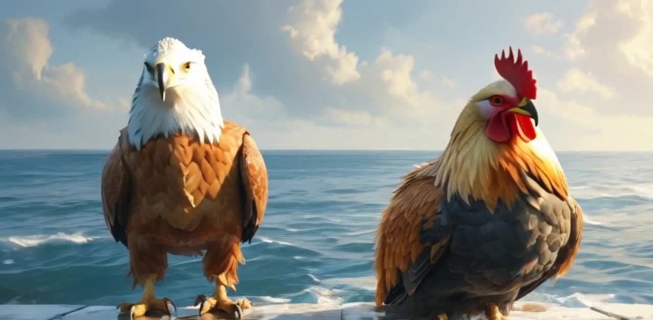 海边木台上，老鹰与公鸡并肩站立远眺海洋