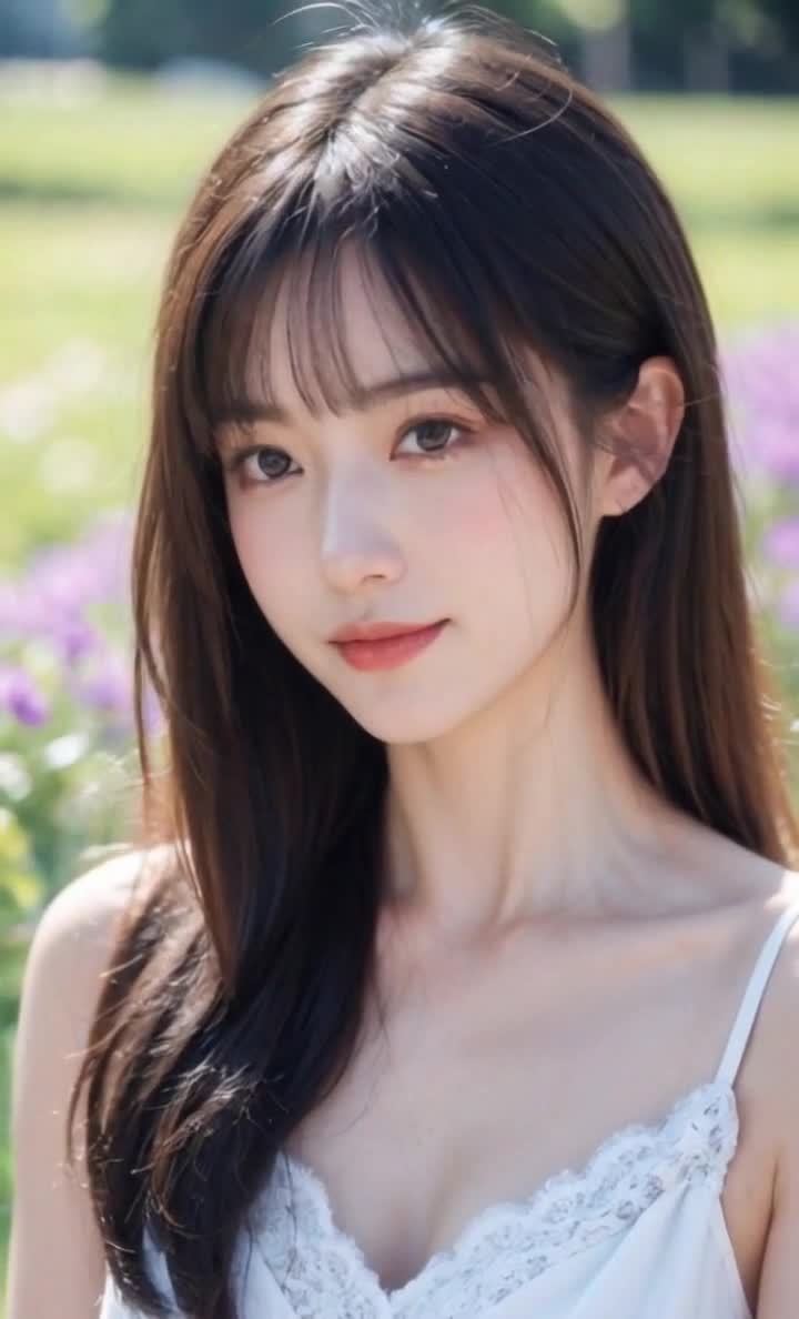 紫色花田旁的白裙深发年轻女子