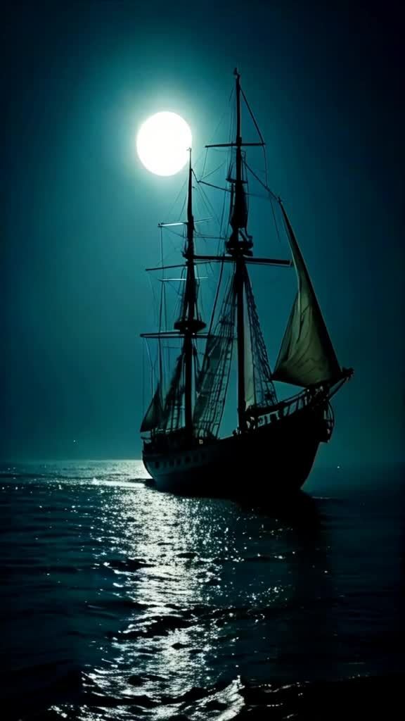 一艘古老的帆船在月光照耀下航行在海上。夜晚被雾气笼