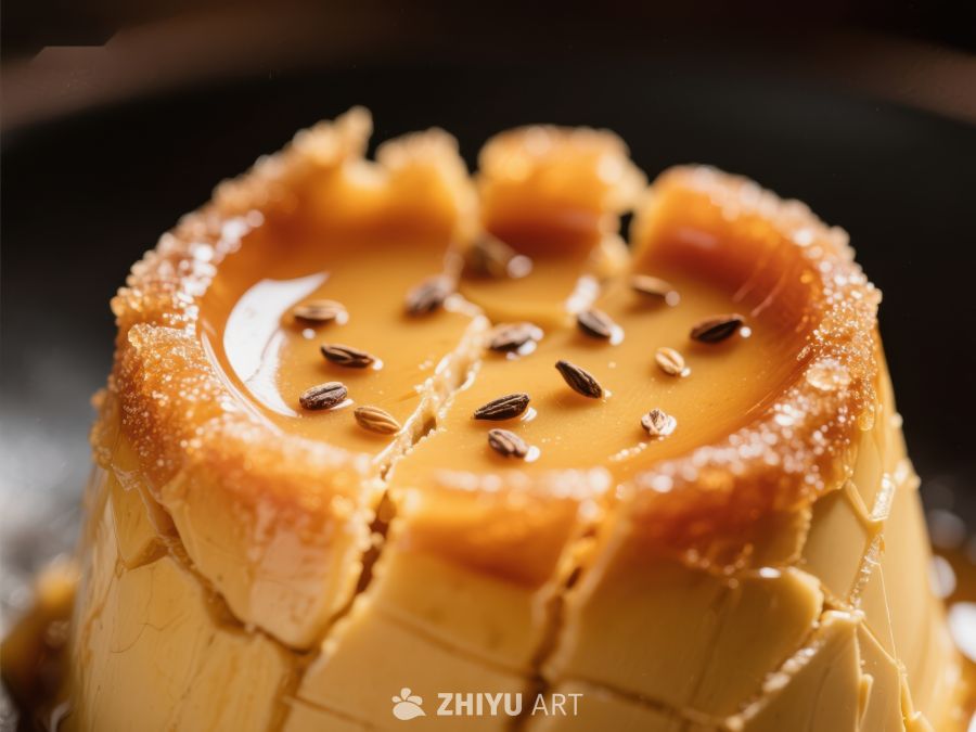 焦糖布丁特写，表面点缀黑芝麻 429