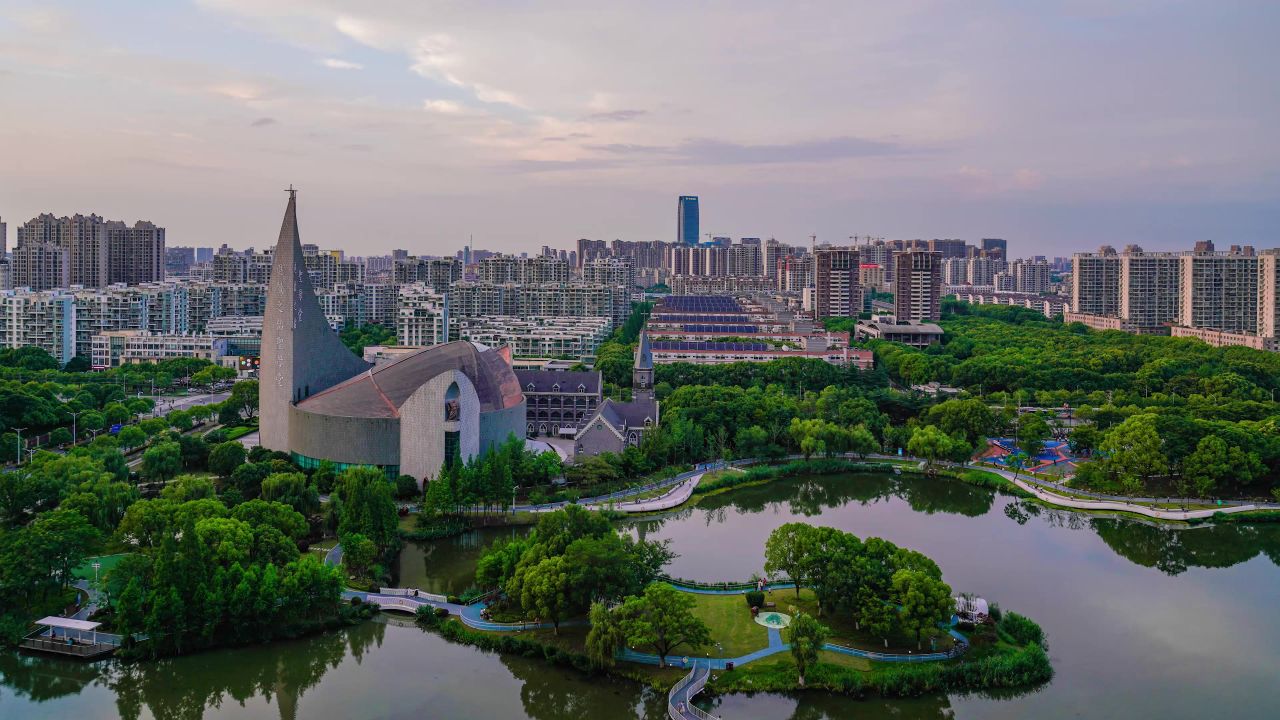 4K昆山好人公园日落延时摄影