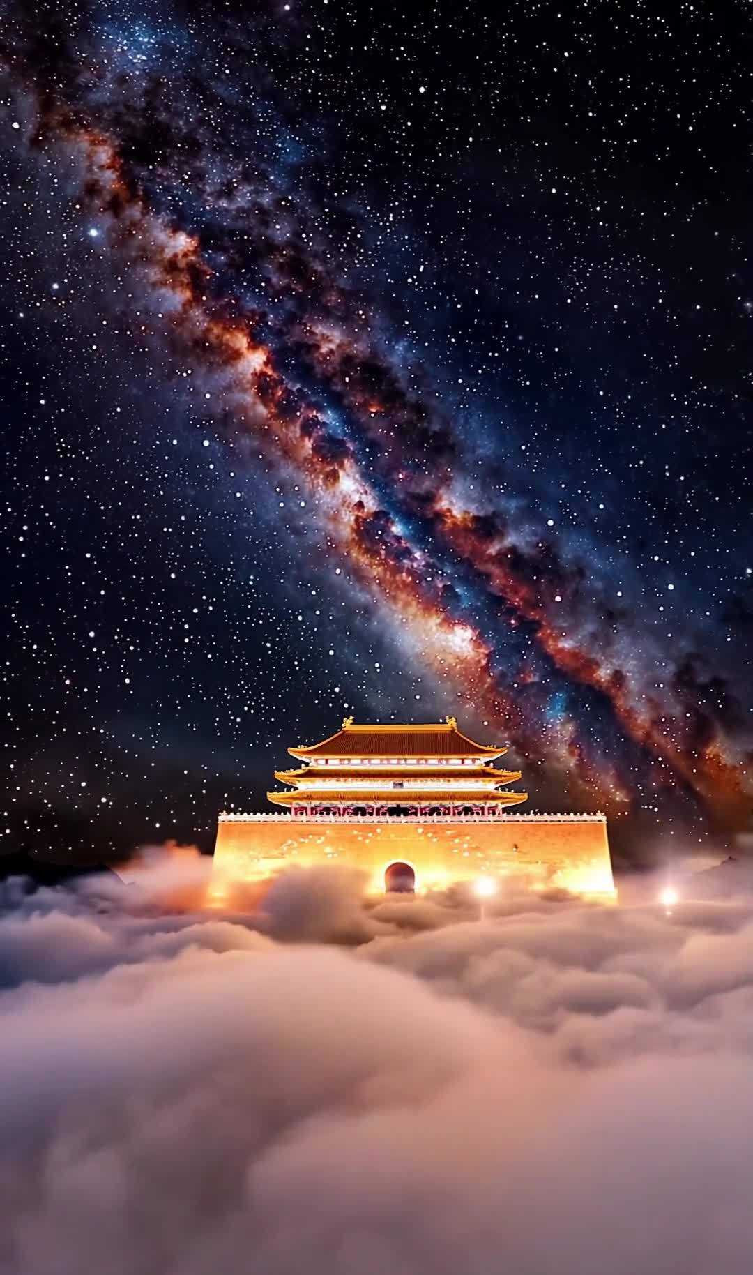 金色宫殿悬浮于云雾之上，周围是浩瀚的星河与彩霞。宫